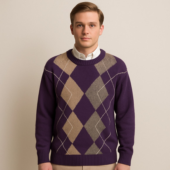 Alexander Julian Argyle Swater Size 2XLT Purple Crewneck 100% Cotton Preppy - Picture 1 of 11